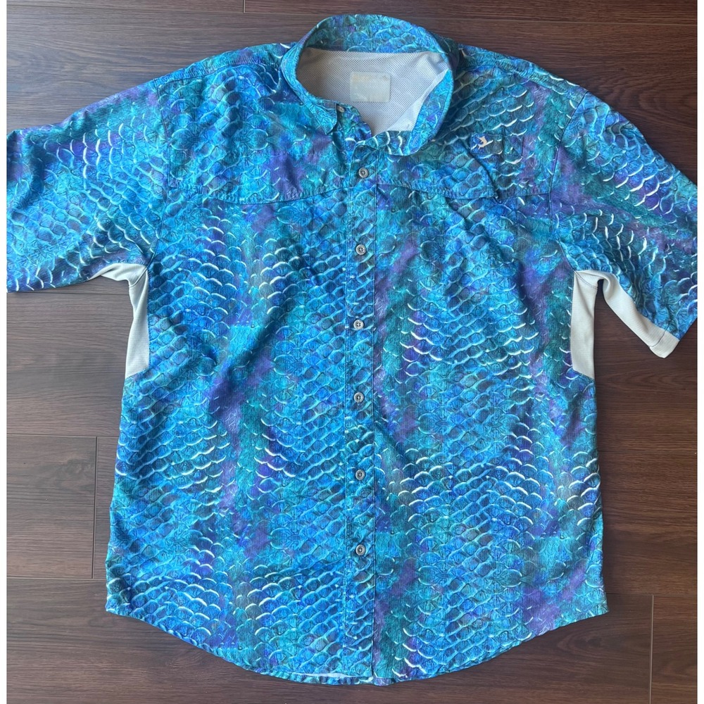 Reel Legends Mariner II Fishing Shirt Mens Large Blue Purple Fish Scale Print